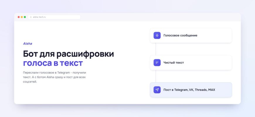Обложка статьи про бот для расшифровки голоса в текст Aisha
