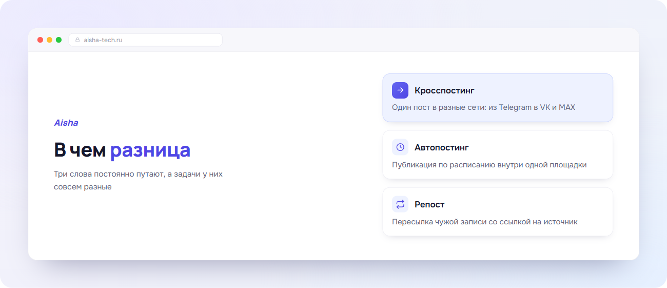 Разница между кросспостингом, автопостингом и репостом в сервисе Aisha