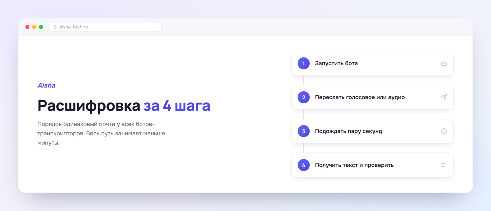 Шаги расшифровки голосового через бота Aisha в Telegram