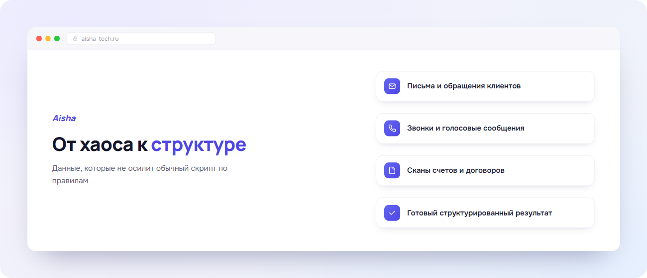 Схема автоматизации бизнеса с ИИ Aisha: текст, речь и документы превращаются в структурированный результат