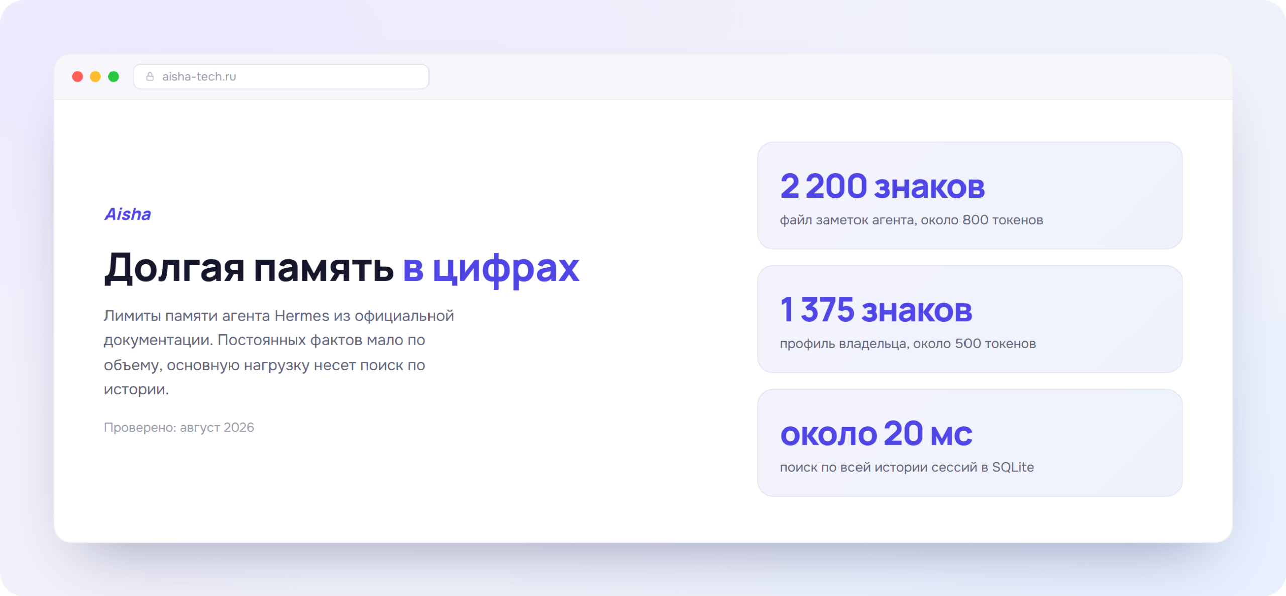 Лимиты памяти агента Hermes в цифрах - 2200 знаков, 1375 знаков и 20 мс поиска, схема Aisha